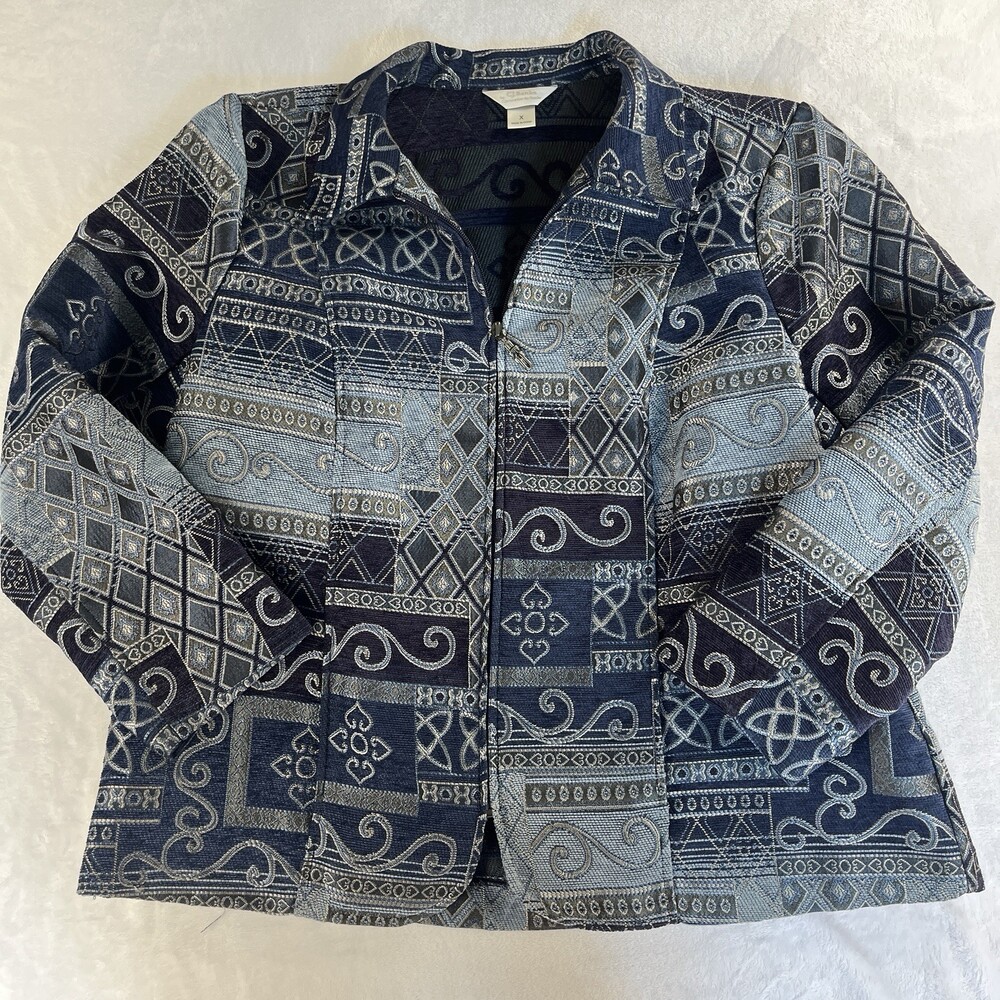 CJ Banks Tapestry Jacket 1X Plus Blue Patchwork Blazer Zip Art To Wear Boho